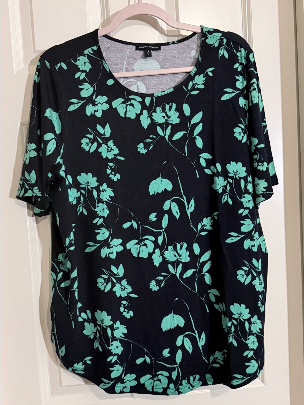 Universal Standard Black Tee with Mint Floral Print
